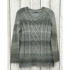 Prana Liesel Sweater Women's Size Small Gray Striped Chunky Cable Knit V Neck